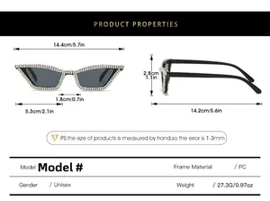 Size guide for cat eye rhinestone sunglasses showing frame dimensions and PC material specs
