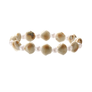 Bohemian summer beaded bracelet with yellow shell charms and white round pearls