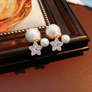Star Charm Double Artificial Pearl Earrings With Silver Earring Post 18K Gold Plated Zircon Star Dangle Chic Elegant Jewelry For Women