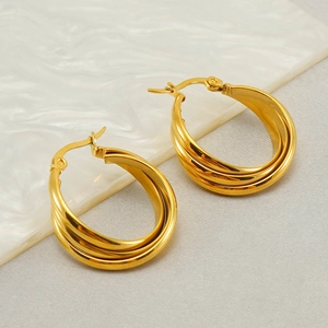 French retro style golden multi-layer hoop earrings in polished titanium steel for women