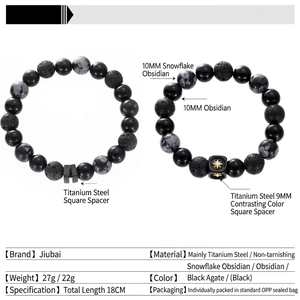 Mens black onyx and snowflake obsidian bead bracelet with gold star titanium steel charm