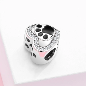 S925 sterling silver heart charm with black enamel paw print and white zircon stones