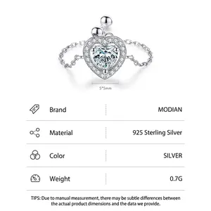 Bague élégante en argent 925 avec diamant étincelant en forme de cœur et chaîne fine