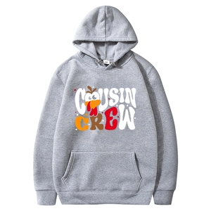 Grey fleece hoodie with Cousin Crew turkey print and drawstring for Thanksgiving