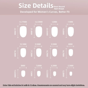 Detailed size guide for short round press-on nails with 12 specific dimensions listed