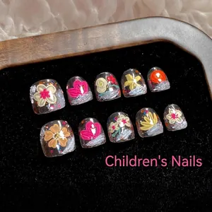 Kids Press On Nails Hand Painted Flower Heart Glitter Transparent Fake Nails For Children Sweet Cute