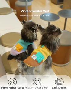 Detail of fleece dog vest with metal D-ring for leash attachment and contrast colors