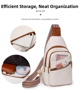 Detailed view of white PU crossbody bag with multiple zip pockets and striped strap