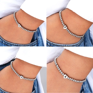 Alphabet Initial Heart Charm Copper Beaded Bracelet For Women Silver Plated Elastic Stretchy Minimalist Fashion Jewelry Gift