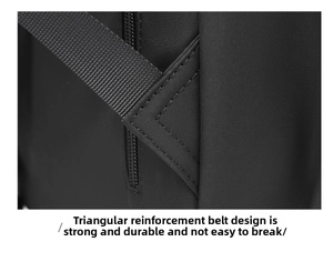 Detail of reinforced triangular stitching and durable nylon fabric on a black backpack