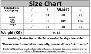 Size guide for knit top and diamond skirt set showing waist, hip, and length measurements