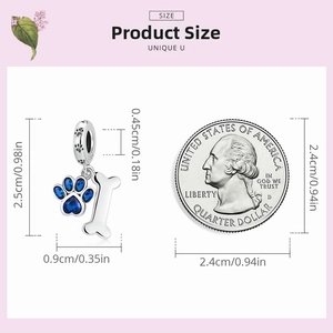 Detailed S925 sterling silver dog paw and bone charm size guide with blue zircon accents