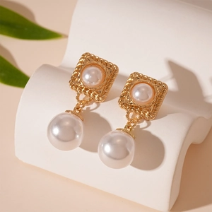 Retro Square Geometric Drop Earrings Alloy Imitation Artificial Pearl With 925 Sterling Silver Earring Post Elegant Women Jewelry