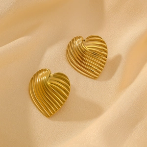 Stainless Steel Heart Earrings 18K Gold Plated Ribbed Textured Striped Chunky Minimalist For Women