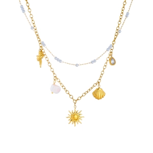 Golden ocean series layered necklace with starfish, shell charms and small pearls