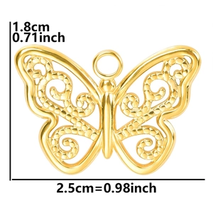 Macro view of butterfly pendant showing hollow scroll design and 18k gold plating details