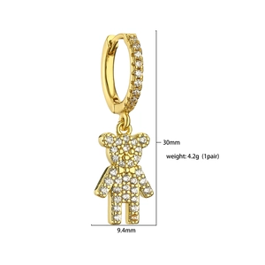 Detail view of gold bear earrings with dimensions showing 30mm length and micro pave zircons