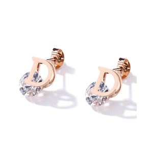Elegant D-shape rose gold stud earrings with sparkling round cubic zirconia crystals