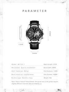 Detailed technical diagram of a creative men's watch with dimensions and leather strap specs
