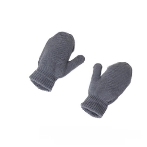 Detailed view of grey knitted mittens with ribbed cuffs from a kids winter warm accessory set