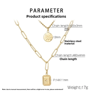 Detailed specs for gold double layer stainless steel necklace with starburst pendants
