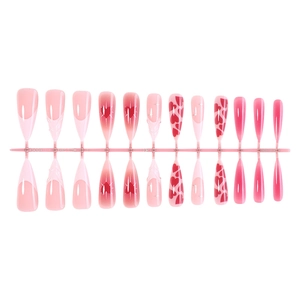 French tip almond press-on nails with red heart details and pink gradient patterns