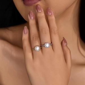 Fashionable 1-carat moissanite ring with halo square cut stone and gold plated finish