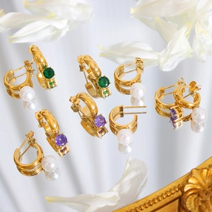 Elegant gold C-shaped hoop earrings with colorful zircon gemstones and white pearls