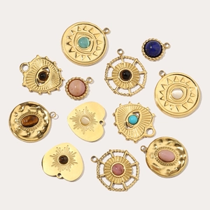 French style gold titanium steel heart and evil eye pendants with natural stone inserts