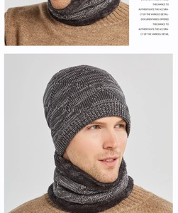 Close-up detail of grey knitted winter hat and scarf set with fleece lining for men