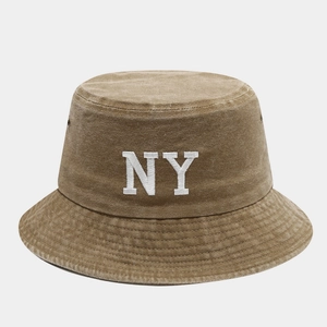 Classic washed cotton bucket hat in brown with white NY letter embroidery and wide brim
