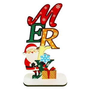 Detailed view of wooden Merry Christmas tabletop sign with Santa and gift motifs