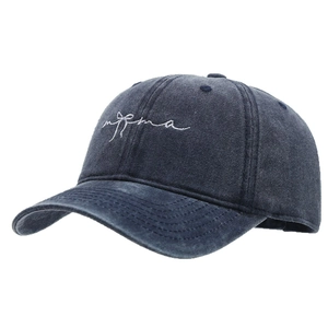 Deep blue denim baseball cap for women with white script embroidery and sun protection