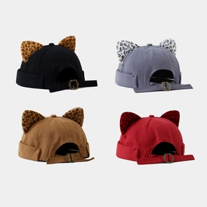 Docker Hat With Leopard Print Cat Ears Cotton Brimless Miki Hat Adjustable Retro Sailor Cap For Women Cute Harajuku Style
