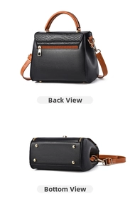 Detail view of the bag rear with zipper pocket and bottom with metal protective studs