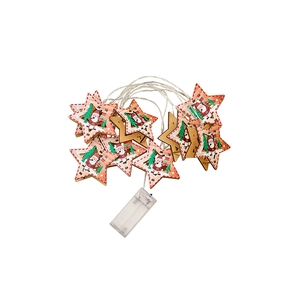 Christmas LED star string lights with wooden ornaments and festive Santa Claus patterns