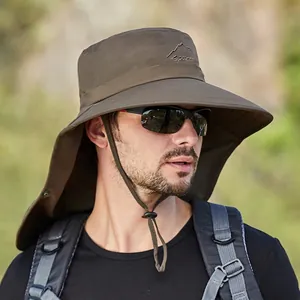 Coffee brown outdoor sun hat with wide brim and neck protector for hiking and fishing