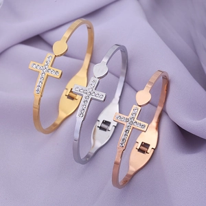 Cross Heart Open Bangle Stainless Steel Cubic Zirconia Inlaid Double Layer Hinge Fashion Jewelry For Women