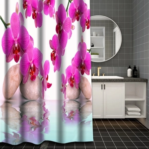 Waterproof polyester shower curtain featuring purple orchids, zen stones and water reflection