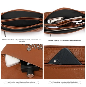 Detail view of the multi-compartment interior and leather texture of the brown crossbody bag