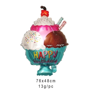 Detail of ice cream cone foil balloon with Happy Birthday print and 76x48cm size specs