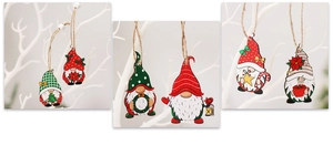Detail of wooden Christmas gnome pendants with colorful painted patterns and twine loops