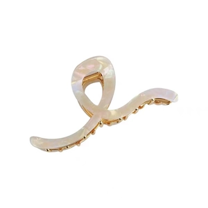 Pearlescent white acetate hair claw clip with golden metal spring for thick hair