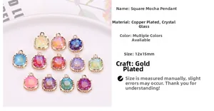 Detailed view of 12x15mm square mocha crystal glass pendants with gold plated copper borders