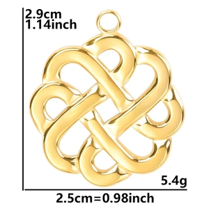 Golden stainless steel witch knot pendant with 18k vacuum plating and dimensions detail