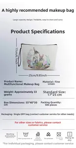 Detailed size and material guide for linen Easter cosmetic bag with floral rabbit print