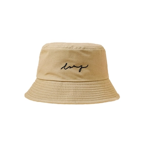 Minimalist beige cotton fisherman hat with embroidered long lettering on a white background