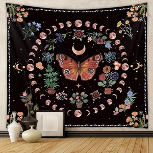 Butterfly Moon Phase Wall Tapestry Polyester Floral Botanical Celestial Bohemian Aesthetic Home Hanging Decor