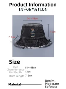 Sizing guide for washed denim bucket hat showing head circumference and dimensions