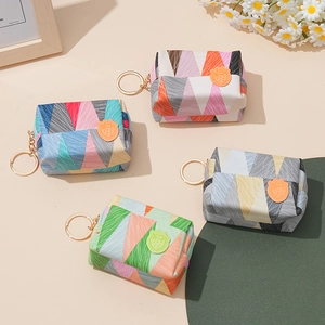 Mini Coin Purse PU Leather Geometric Pattern Small Wallet With Keychain Ring Zipper Closure For Women Girls Student